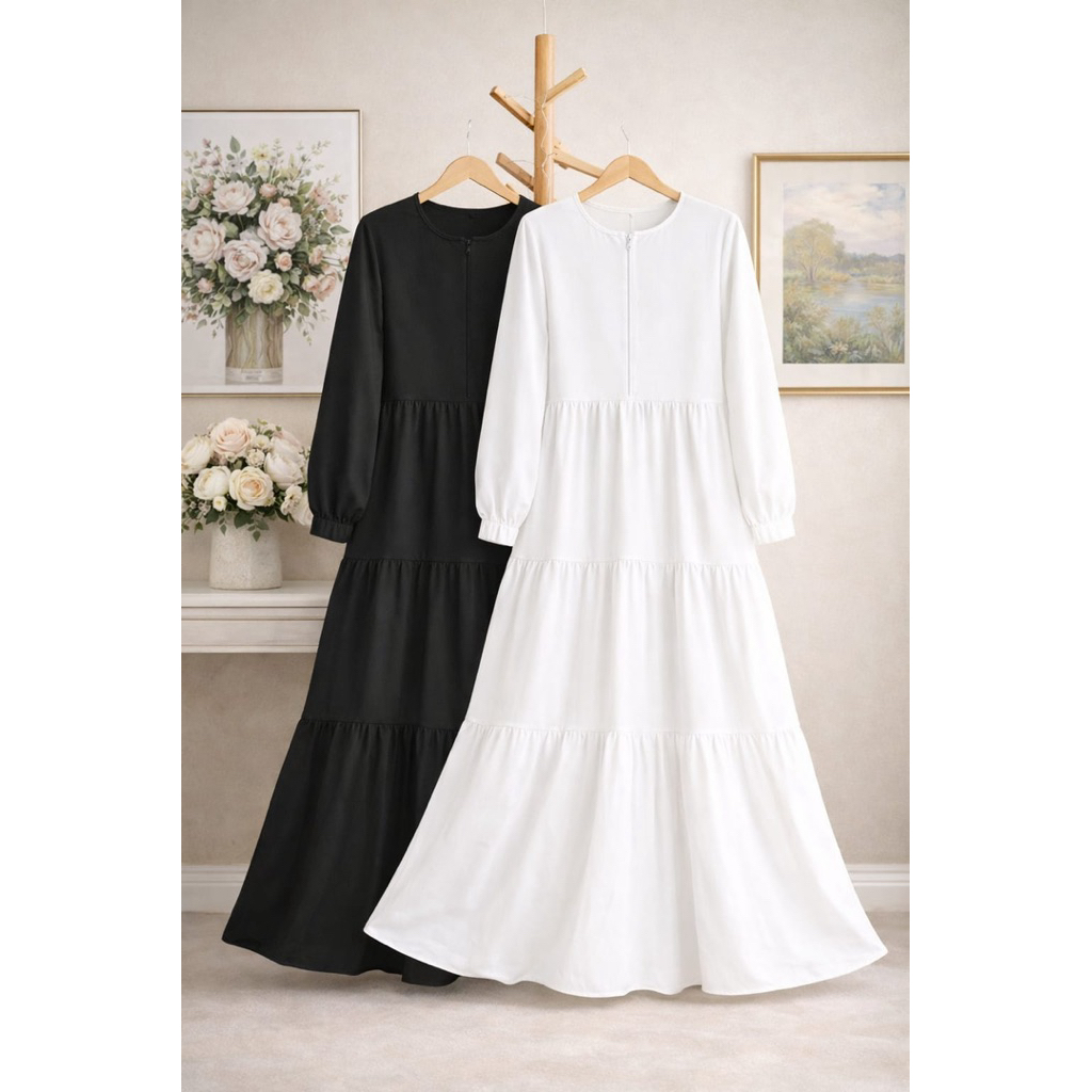 GAMIS SUSUN RAYON TWILL KHUSUS HITAM PUTIH BASIC ABAYA UMROH HAJI