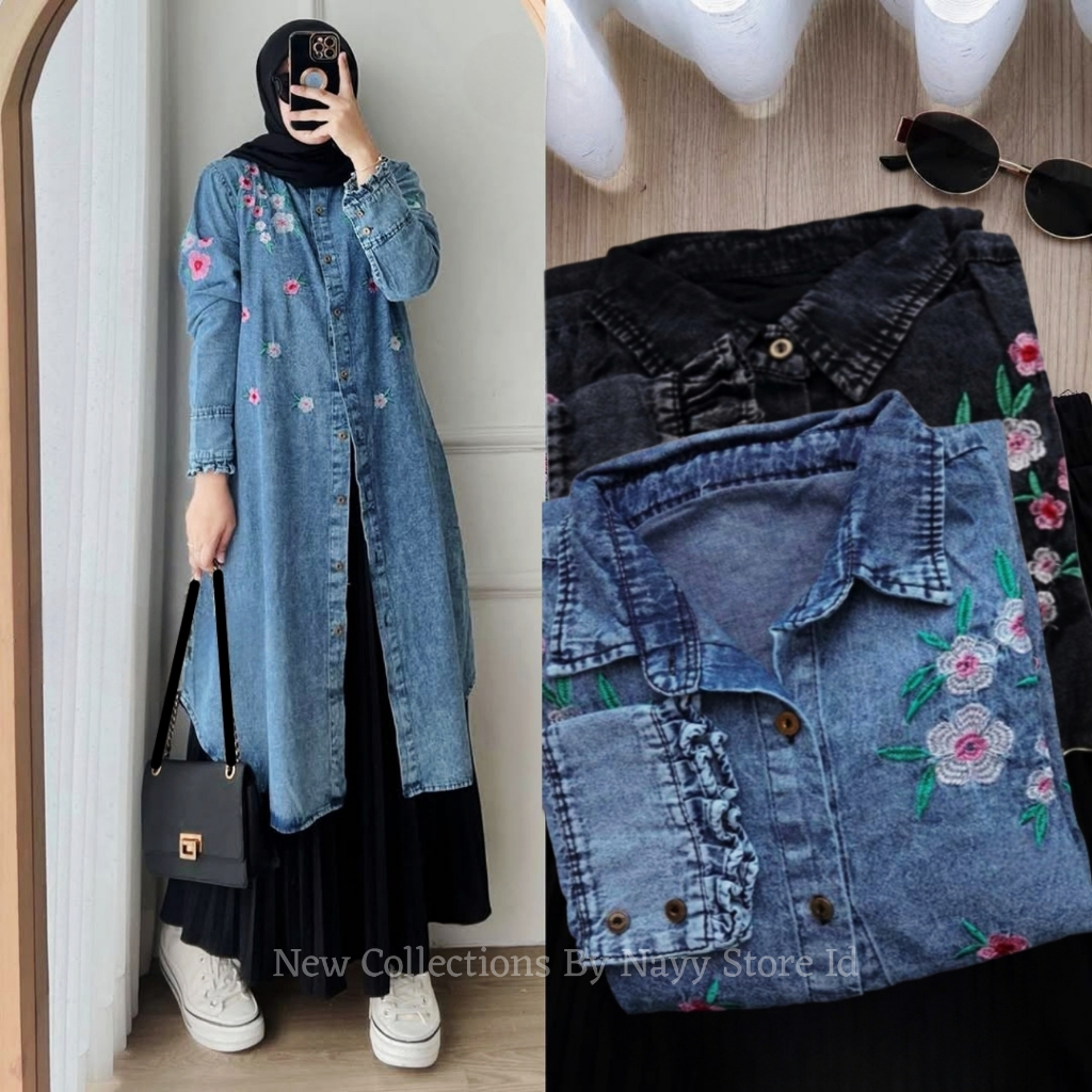 Baju Atasan Long Tunik Jeans Jumbo Wanita Terbaru 2026 Bordir Bunga Fashion Muslim Kekinian Ferza