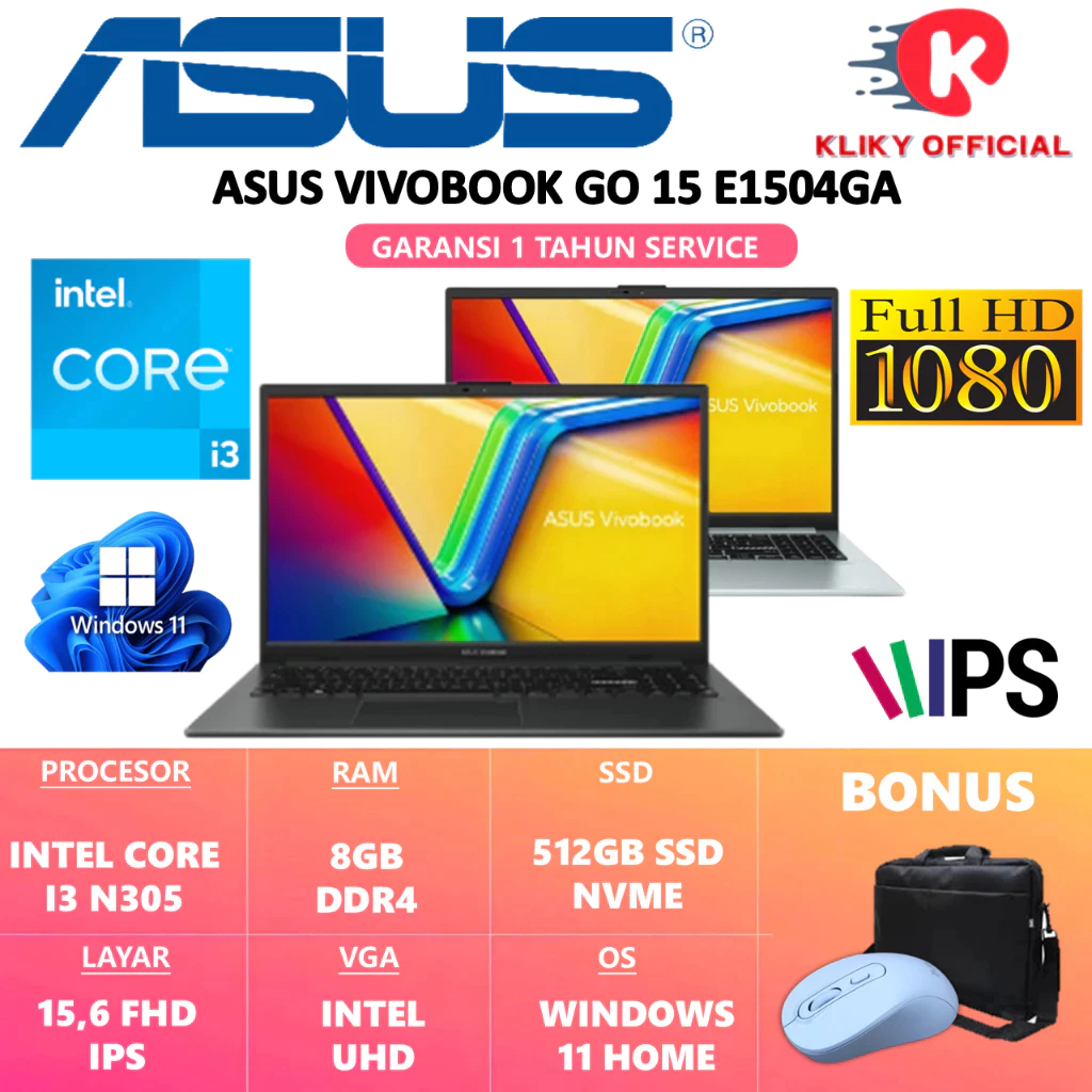Laptop Baru ASUS VIVOBOOK GO 15 E1504GA Intel i3 N305 Ram 8GB SSD 256GB Black Garansi