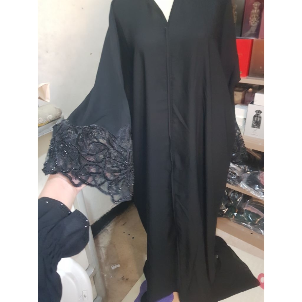 abaya renda bahan jet black mixs slik asli arab saudi
