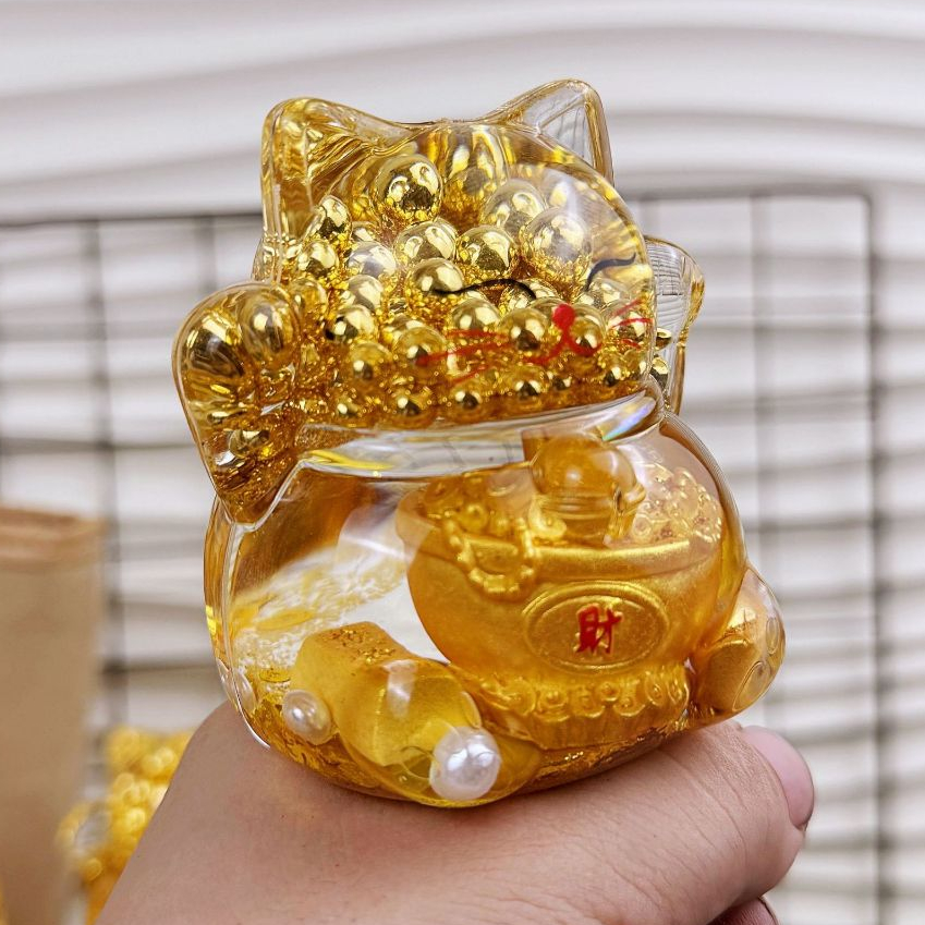 Akrilik Lucky Cat Kucing Hoki Acrylic Serbuk Emas Lucu Mungil Keberuntungan Fengshui