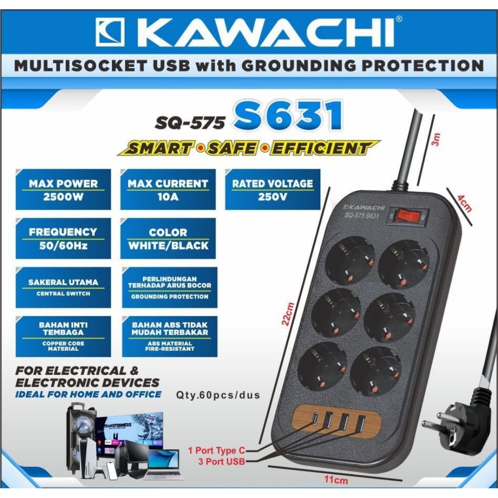 KWC stop kontak 6LB cok sambung 6 lobang + colokan USB