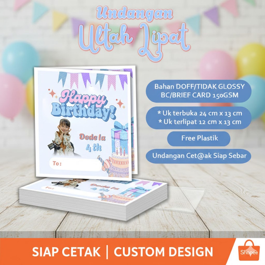 Undangan Ulang Tahun Lipat Karton BC / BRIEF CARD 150gsm DOFF || Undangan Ultah Custom Undangan Tedh