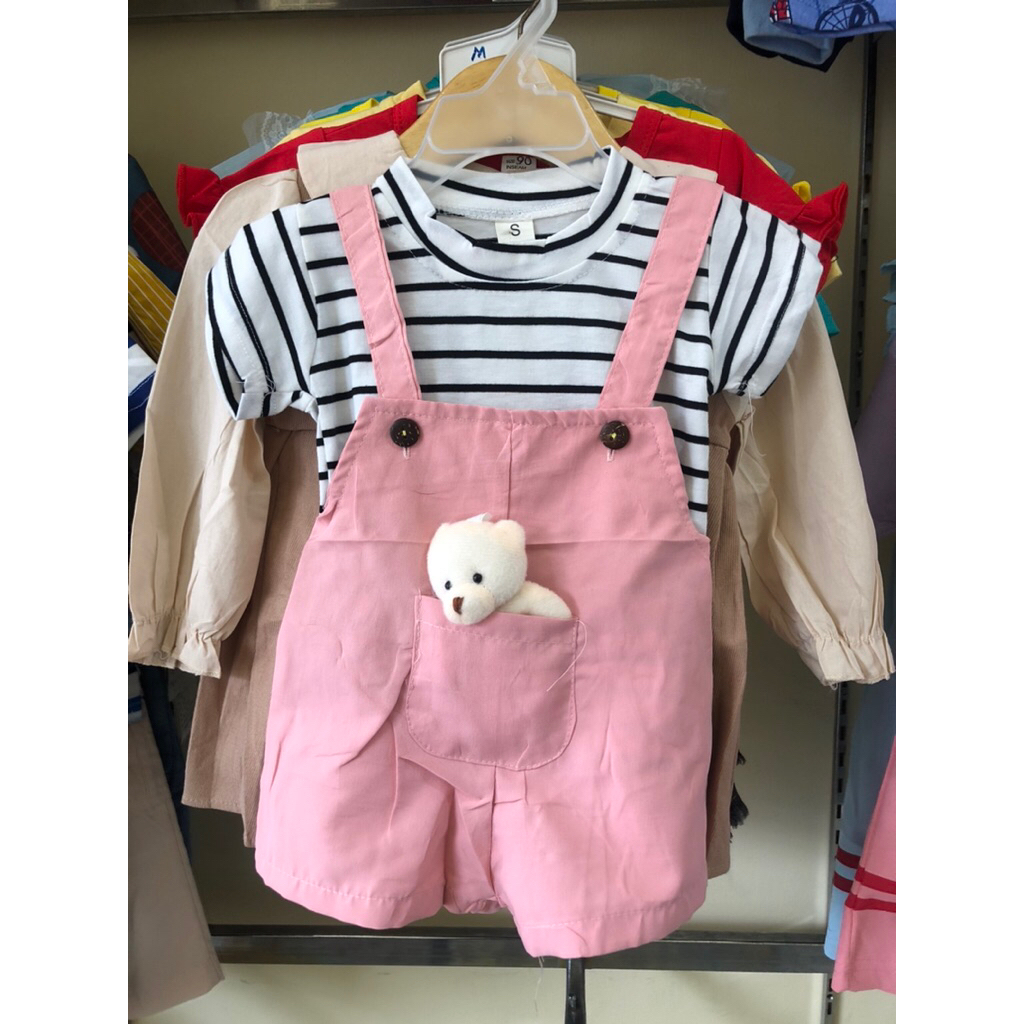 Pakaian anak perempuan overall pink free boneka