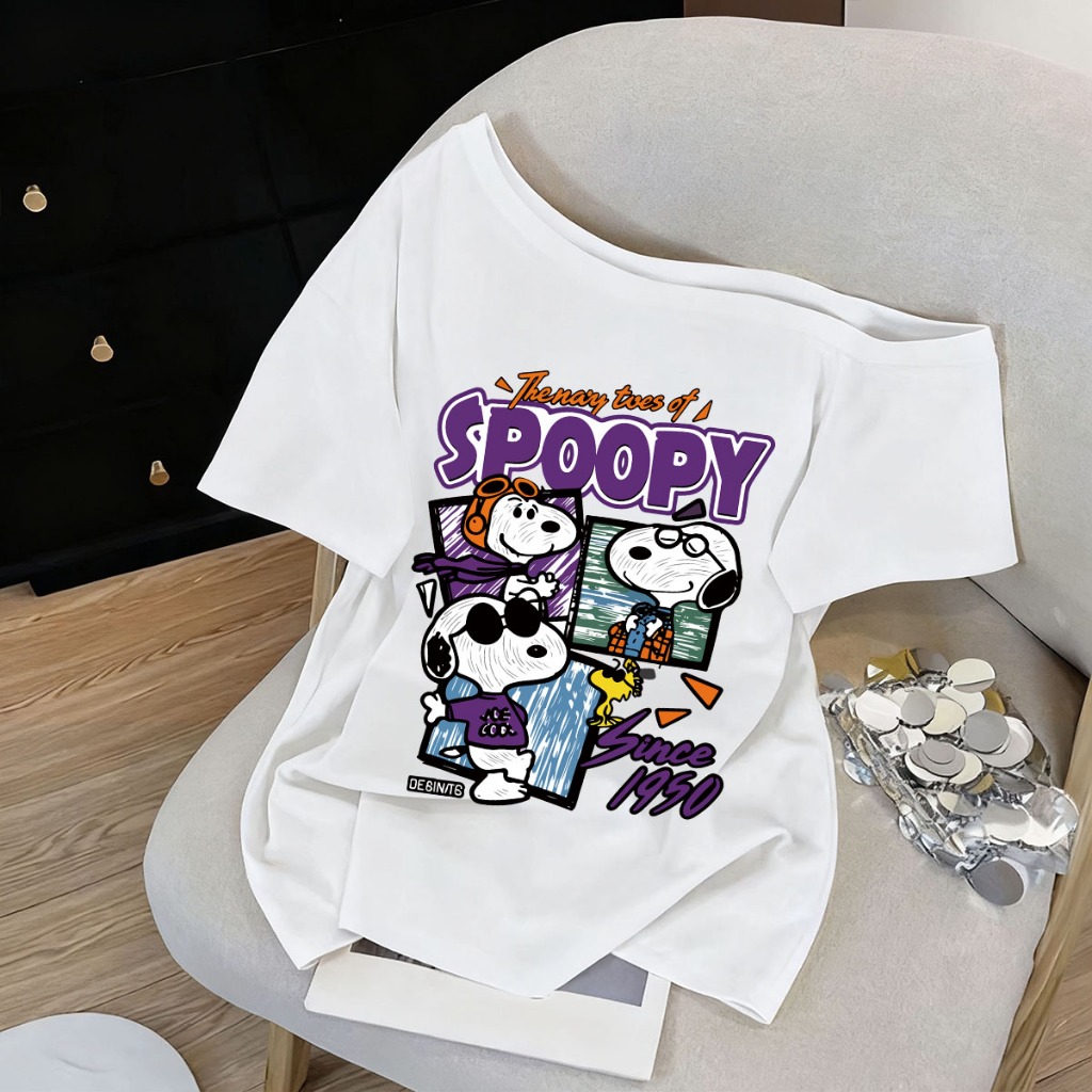 Tshirt Kaos Slim sloping shoulders Retro comic book Snoopy print Tebal danNyaman| Cotton  Tee Cotton