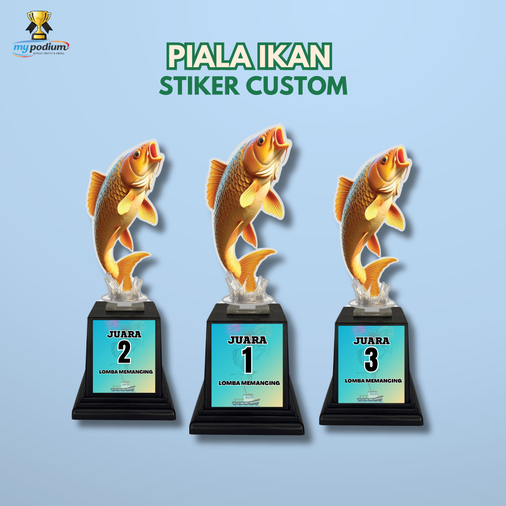 Piala Mancing Akrilik Motif Ikan Mas Sticker Custom Hadiah Lomba Mancing omba Ikan hias