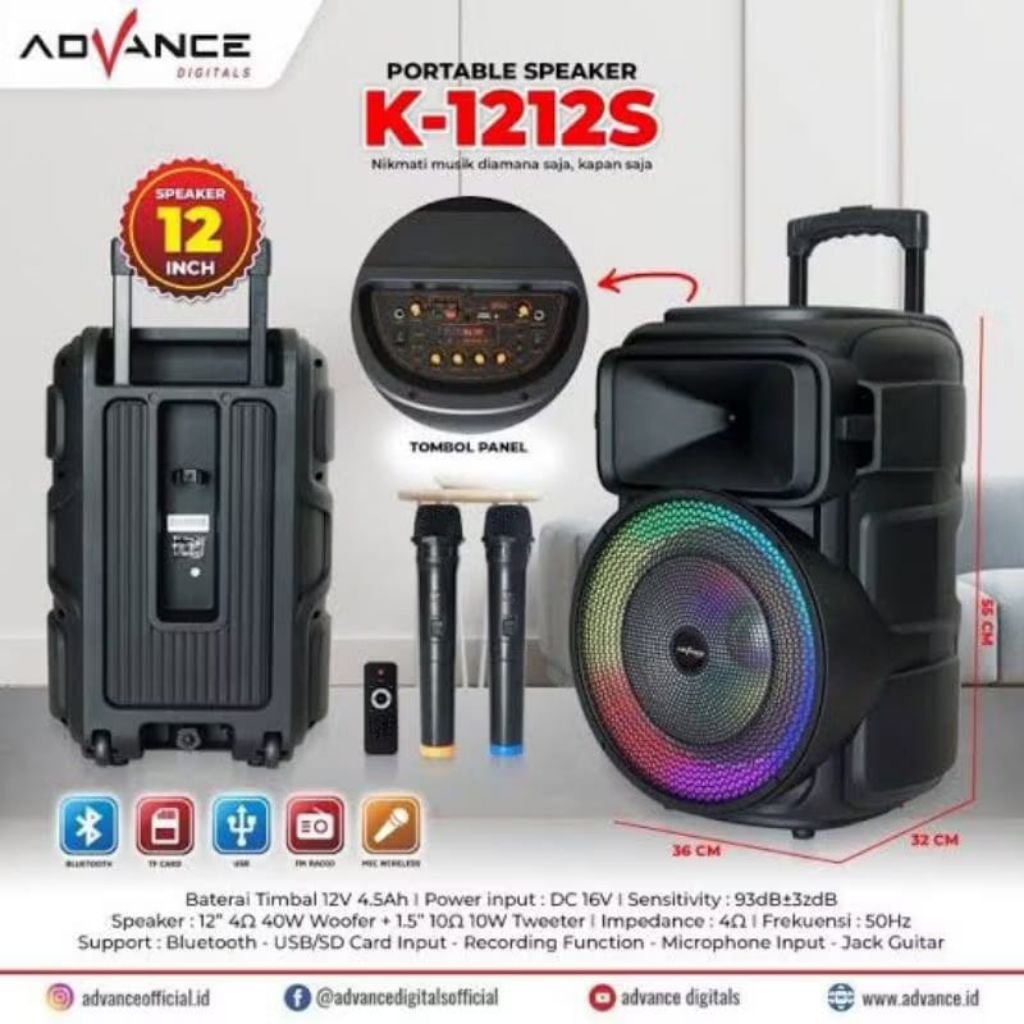 Speaker Bluetooth Portable 12" inch ADVANCE K-1212S Free 2 mic wireless + support guitar