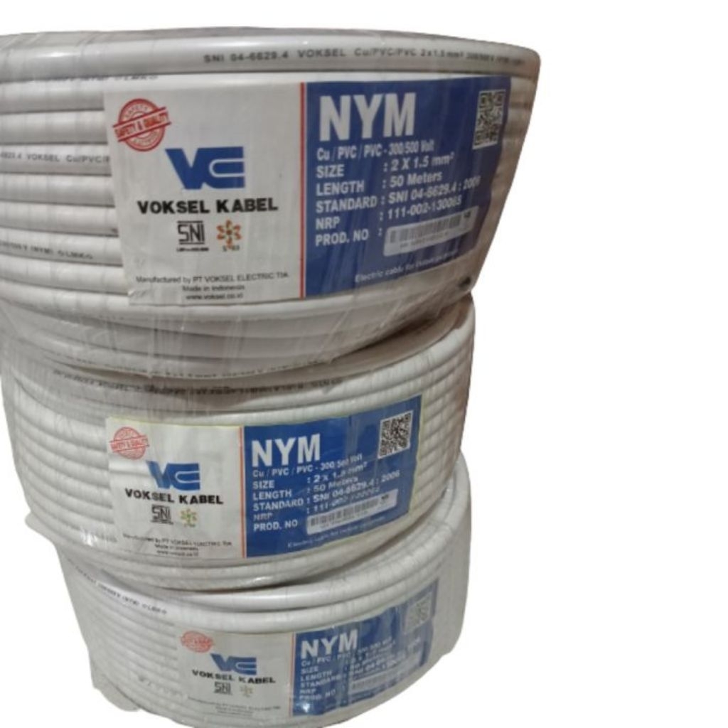 Kabel Tembaga (NYM) Ukuran 2x1,5 mm² 300/500 V dengan Panjang 50 Meter - VOKSEL Cable