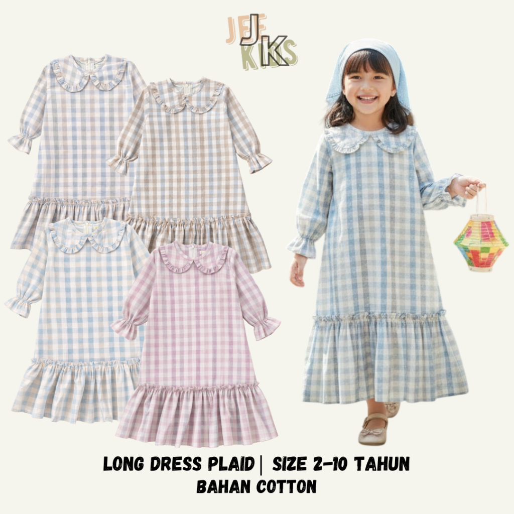 Dress Anak Perempuan Plaid Panjang – Long Dress Kotak Kotak Hijab Lucu & Modis – Dress Anak Cewek Mu