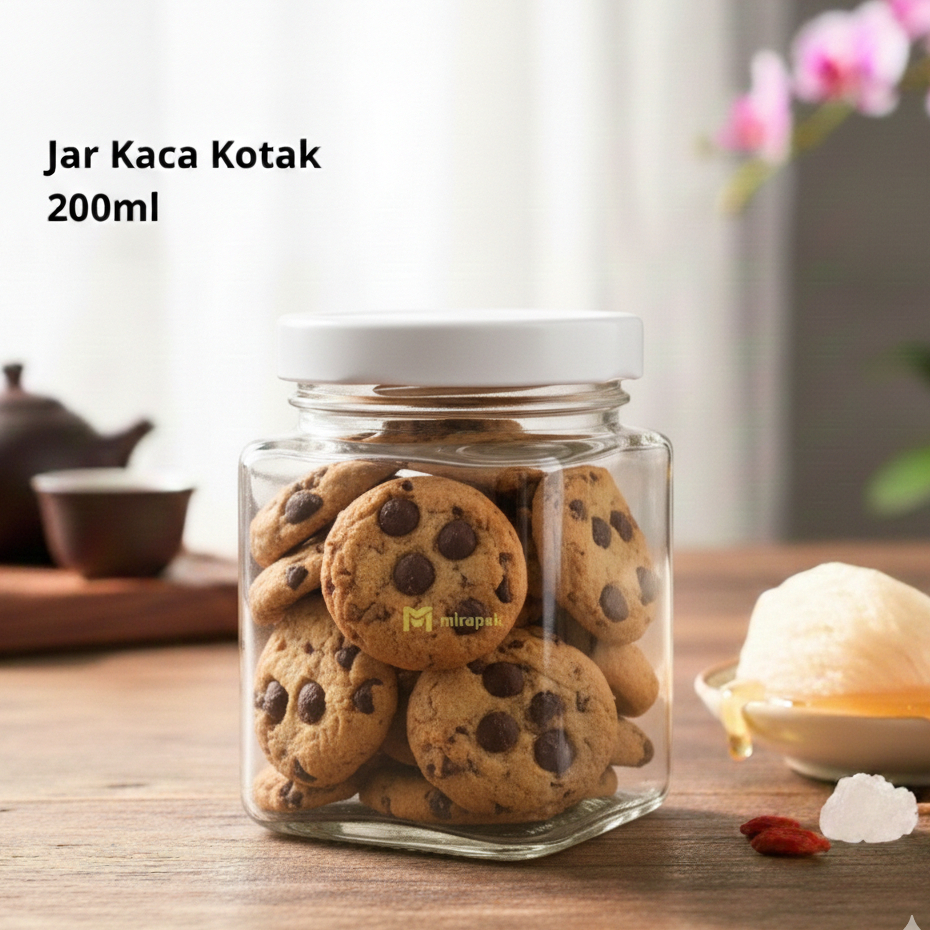 TOPLES KACA KEDAP UDARA 200ML JAR KOTAK KACA BENING - TUTUP PUTIH - TOPLES SAMBAL SELAI JAM COOKIES 