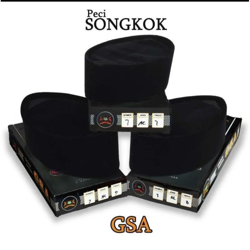 GSA PECI SONGKOK KOPIAH HITAM PENDEK BLUDRU TEBAL MOTIF AC TINGGI 7-10 CM