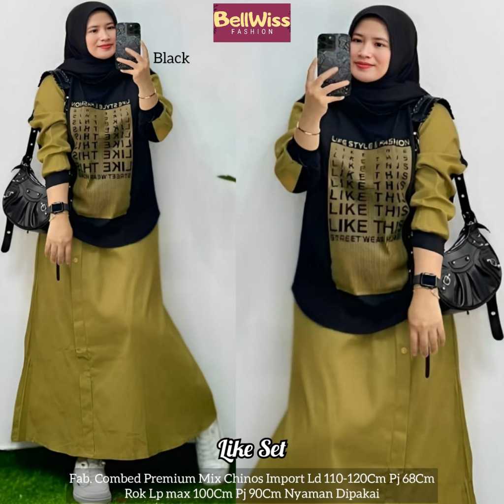 Like Set Setelan Rok Wanita Kaos Combed Mix Chinos Import Ld110-120cm Pj68cm Rok Lp Max 100cm Pj90cm