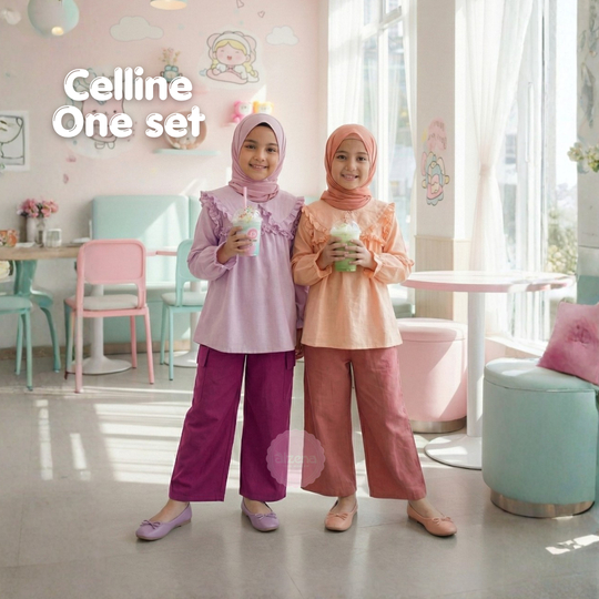 Alzena Kids Moslem - One Set Setelan Tunik & Celana Kulot Anak Kekinian Anak Perempuan Muslimah Cell