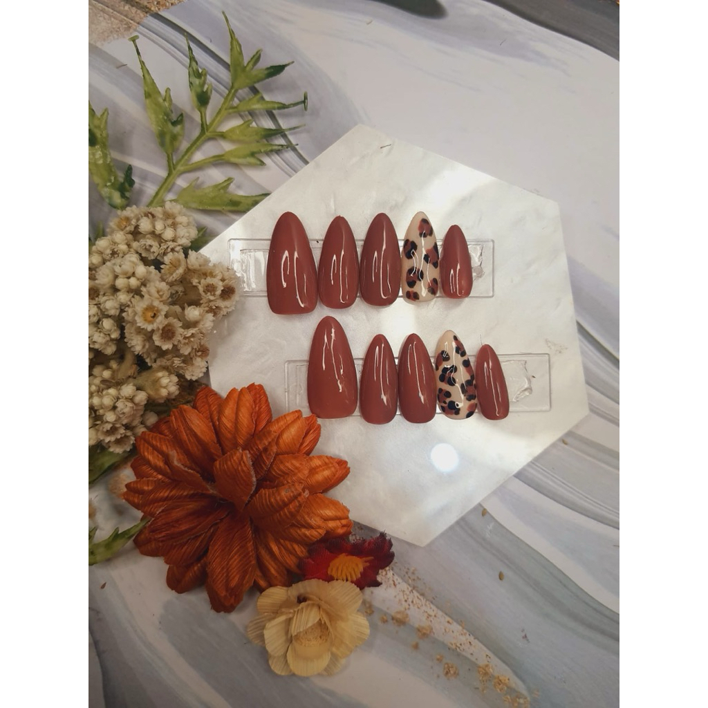 Kuku Palsu Leopard Mahogany Super Simple Daily Nail Art Press on Nail