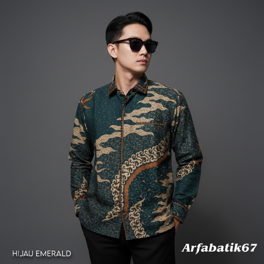 Promo Cakra Hijau Emerald Smock Kemeja Batik Smock Bordir Pria Katun Prima Premium Lengan Panjang