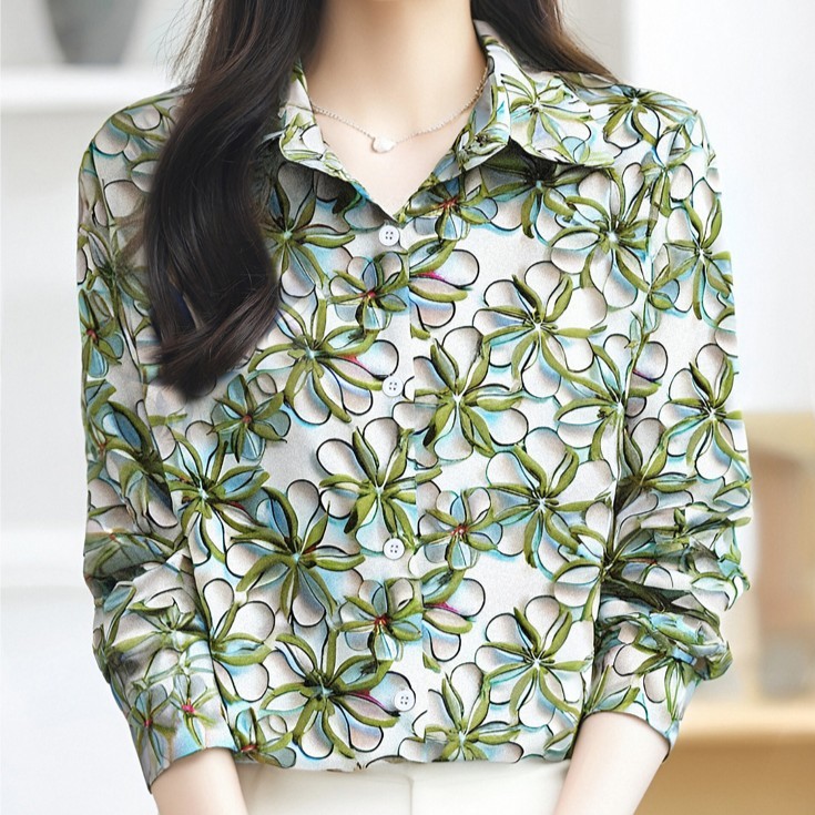 Kemeja Wanita Lengan Panjang Sifon Longgar Gaya Korea Fashion Blus Kasual Hijau Ungu