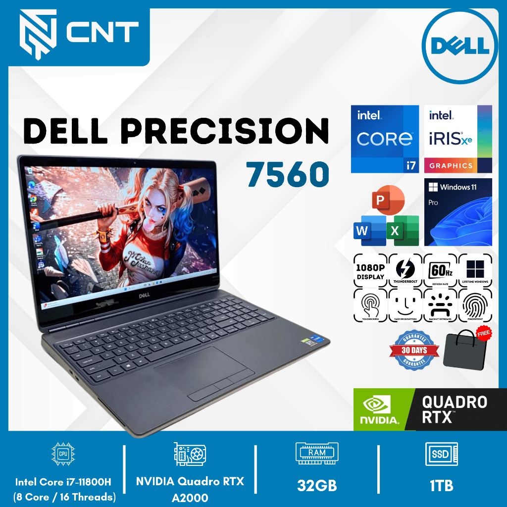 Dell Precision 7560 core i7-11800H NVIDIA Quadro RTX A2000 (32/1TB)  Laptop Rendering Touchscreen
