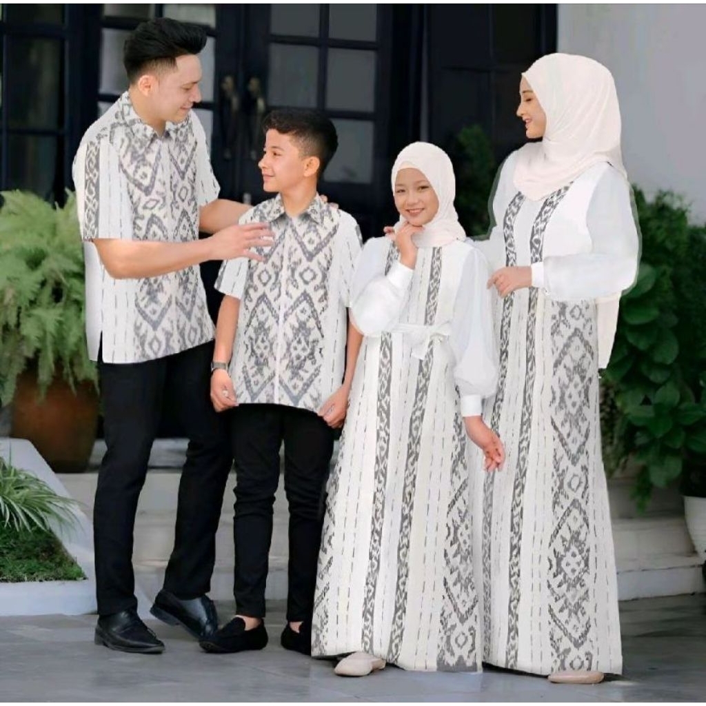 Set Couple Family Baju Tenun Couple Keluarga Padma Series Putih Tulang Dress X Kemeja Tenun Ethnik P