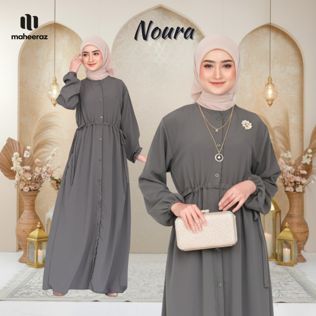 Maheeraz Noura Dress Gamis Wanita Kekinian Baju Lebaran Wanita 2026 Mewah Elegan Hijau Army