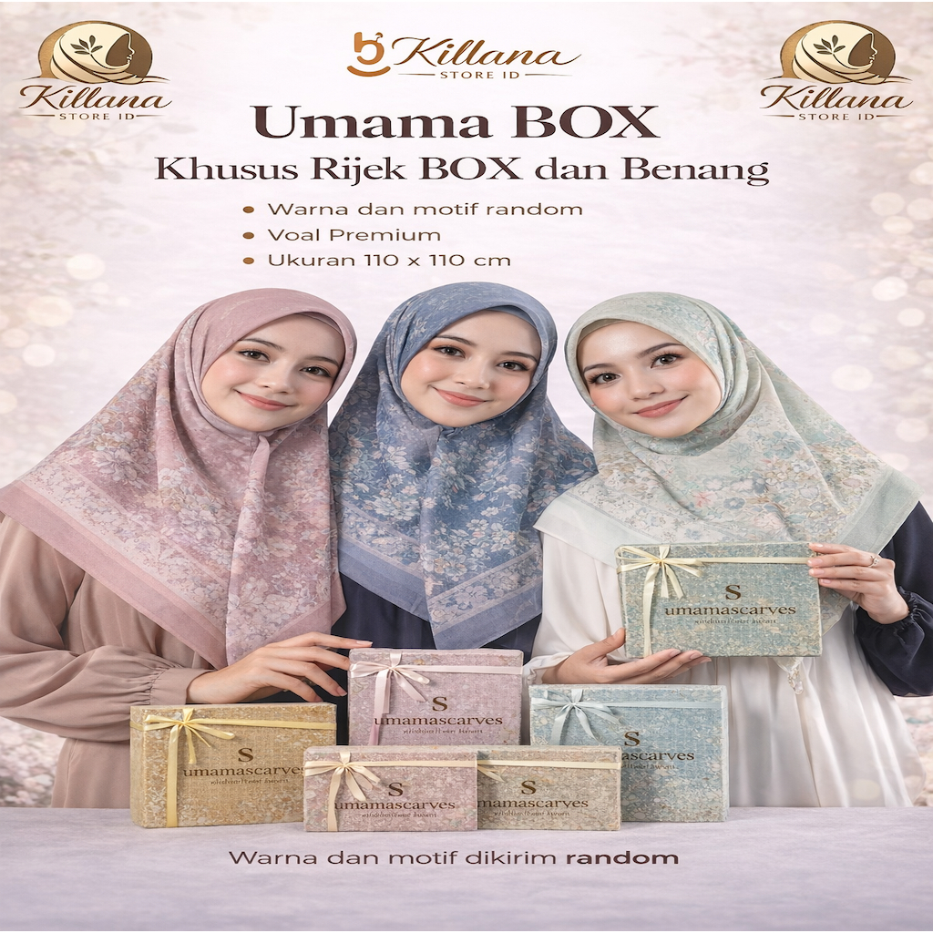 Khusus Rijek Kerudung Segi Empat Voal Digital Premium Umama Scarves Motif Box Metal Logo Crystal Ico