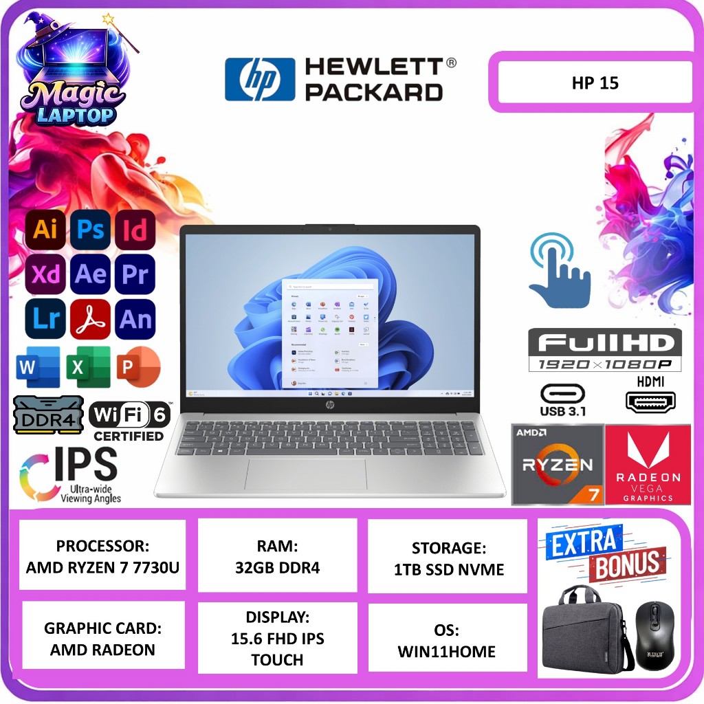 Laptop Touch Hp 15 Amd Ryzen 7 7730U 32GB 1TB 15.6 FHD IPS Windows 11 Home Silver