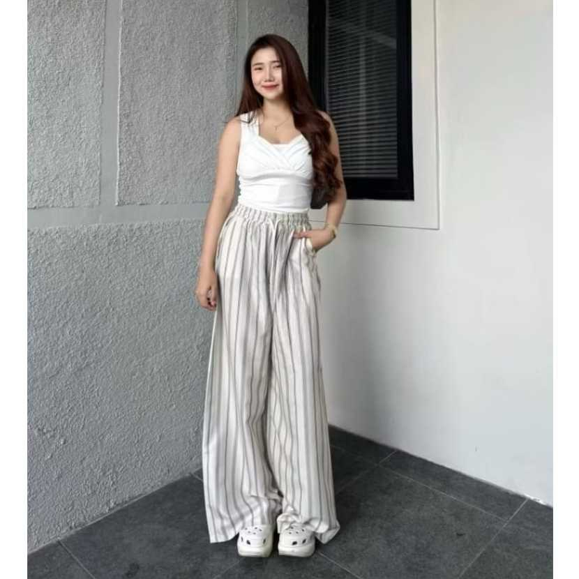 Celana Kulot Wanita Motif Garis Pinstripe | Celana Panjang Baggy Linen Rayon Premium Kerja Kantor Ku