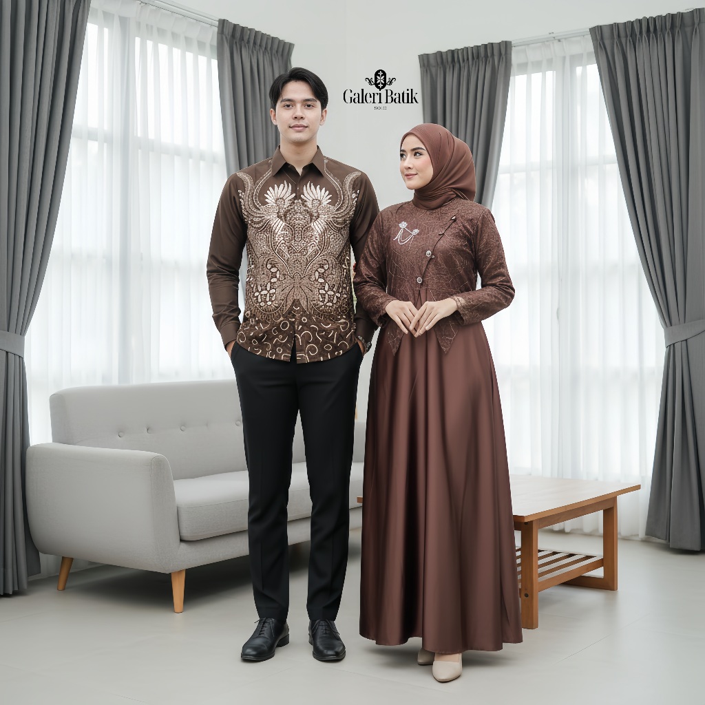Batik Couple Gamis Brokat Lebaran 2026 | Baju Kondangan Pasangan Sarimbit Baju Pesta Gamis Brukat