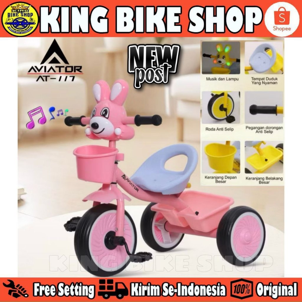Sepeda Roda Tiga 3 AVIATOR AT 117 Musik Lampu Tricycle Stroller Anak
