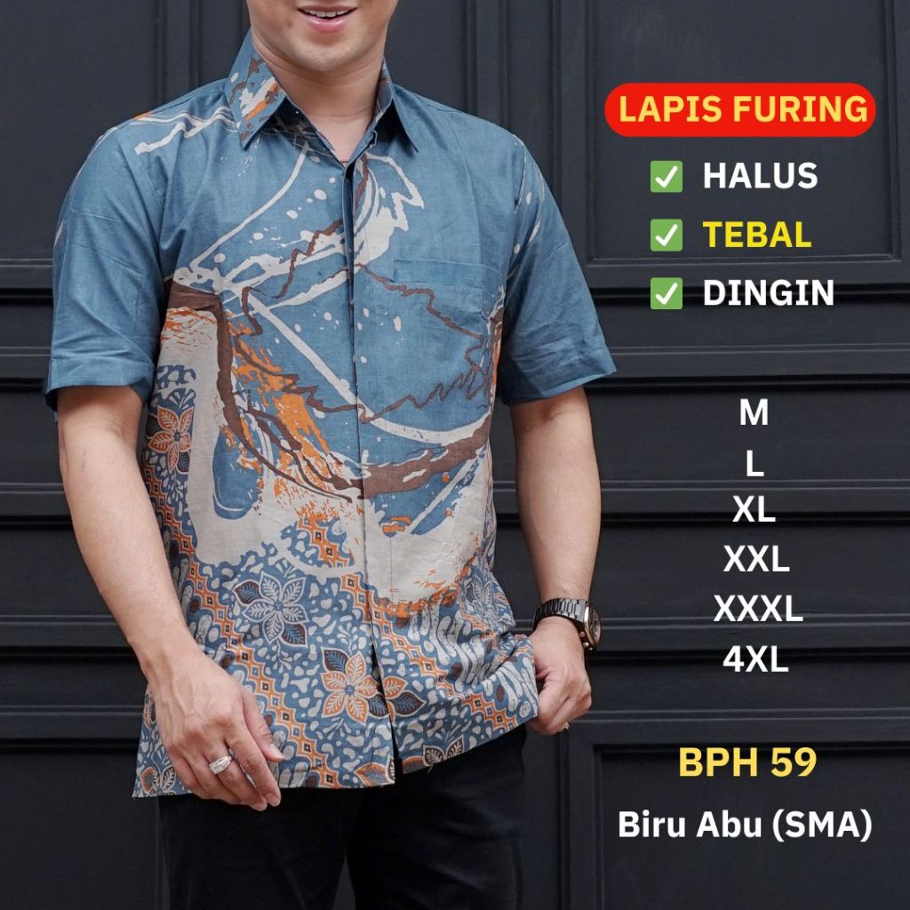 Batik Pria Lapis FURING STANDAR JUMBO Kemeja Batik Lengan Pendek XXXL 4XL BIRU DENIM BPH 59