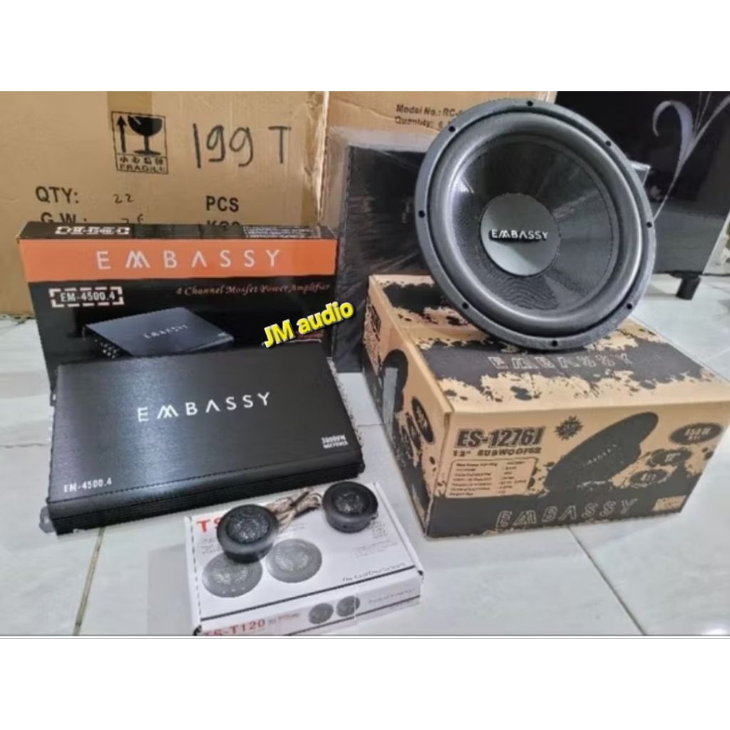 Paket Sound Audio Mobil 12in EMBASSY Power 4chanel..Speaker SUBwoofer 12in Embassy 12volt Universal