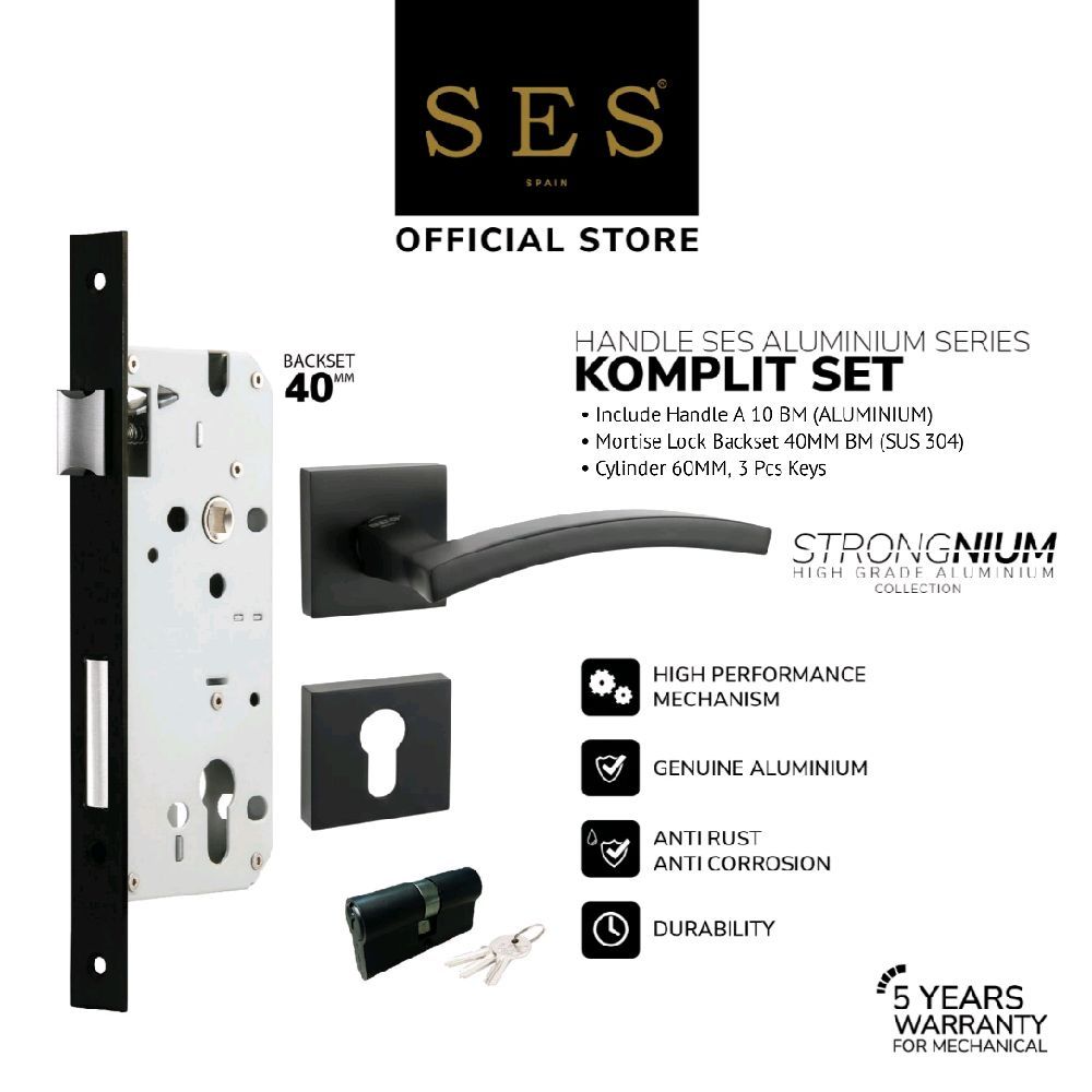 Gagang Pintu Set - Handle Pintu SES Aluminium A10 BM + Body Kunci SES ECO E2030 - 40mm BM