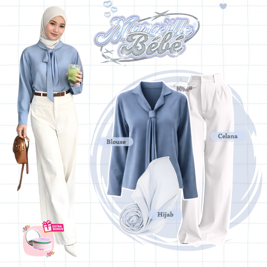 Setelan Wanita 3 in 1 ( Blouse + Celana + Bella Square ) One Set Hijab Look Remaja Ngantor Style - K