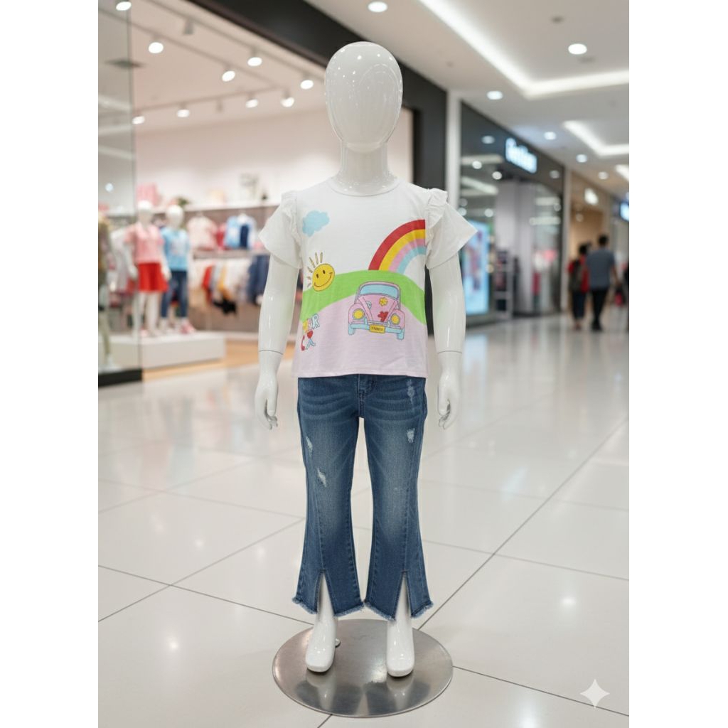 Set atasan Tiffany dan celana panjang jeans Anak perempuan usia 9-11 tahun