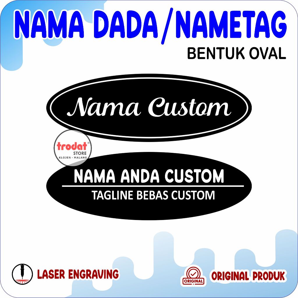 NAMETAG OVAL GRAFIR MESIN LASER/NAMA DADA OVAL UKIR/NAMA DADA AKRILIK | MAGNET/PENITI-GRAFIR LASER