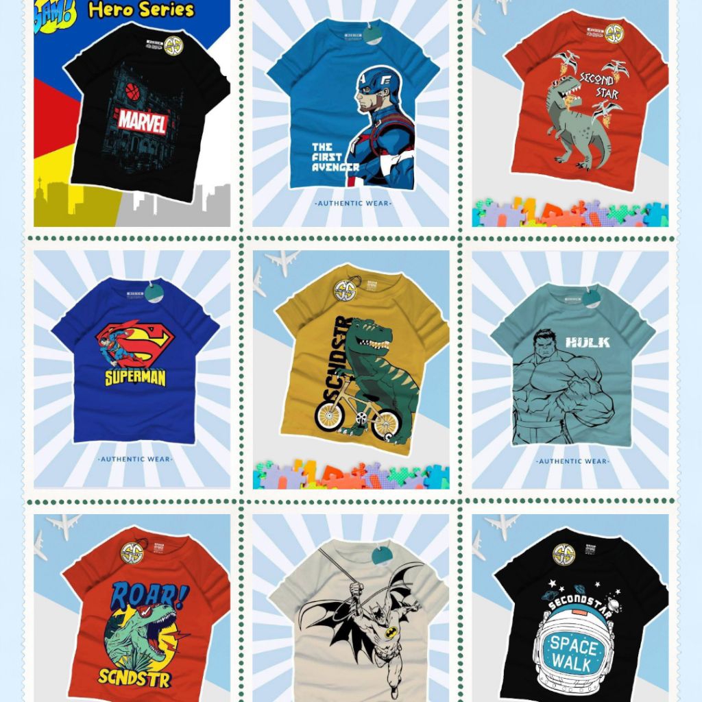 KAOS ANAK HERO SUPERMAN MARVEL BATMAN | MERK SECOND STAR  (ORI) | 100% katun | Kaos harian anak laki