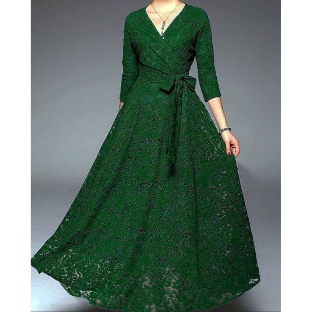 ICA 4 -  GAMIS BAJU MAXY BRUKAT LAPIS FURING JUMBO M L XL XXL 3XL 4XL WARNA POLOS HIJAU BOTOL JOTOL 