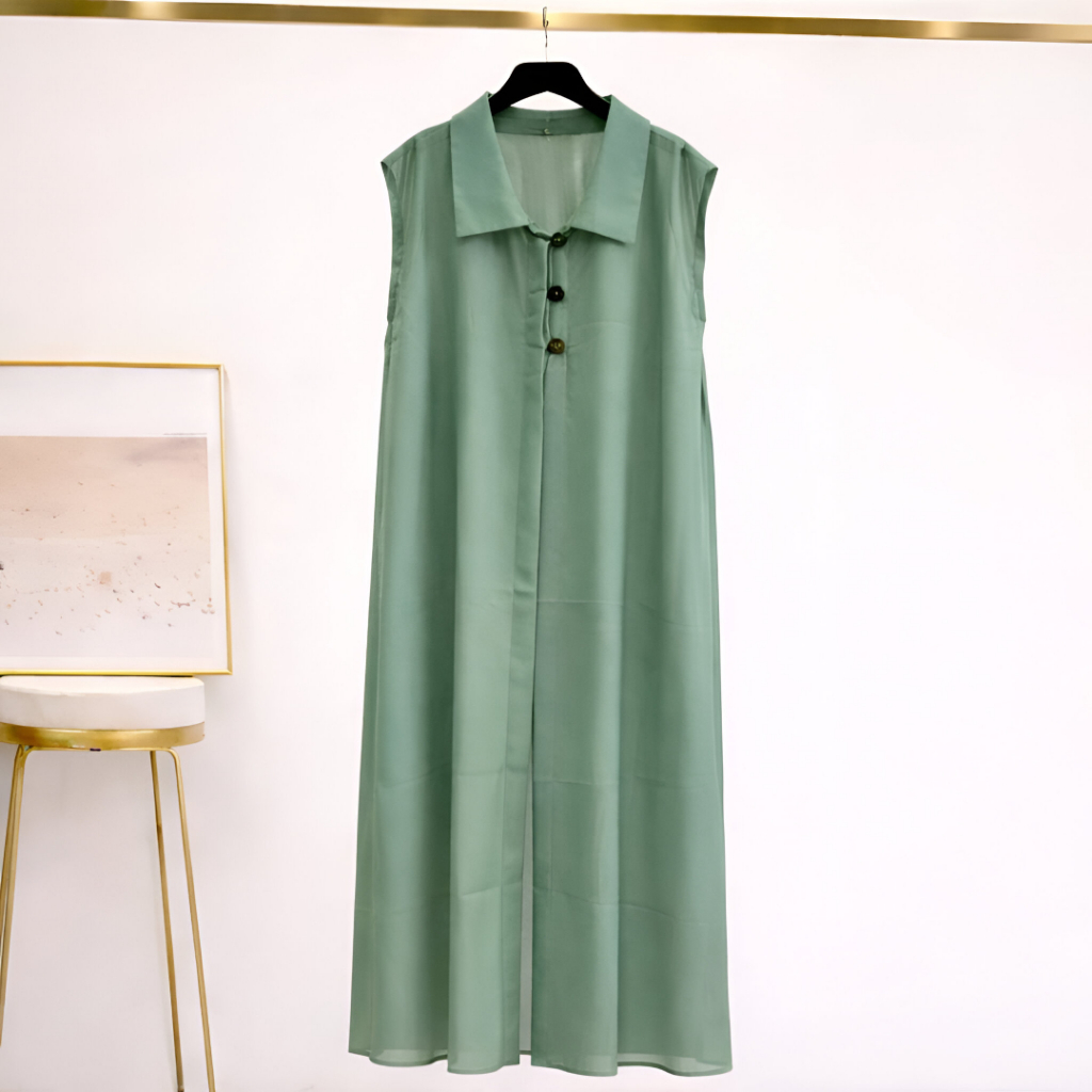 Long Outer Cardigan Polos Wanita Muslimah Bahan Ceruty Babydoll Tanpa Lengan Simpel Nyaman