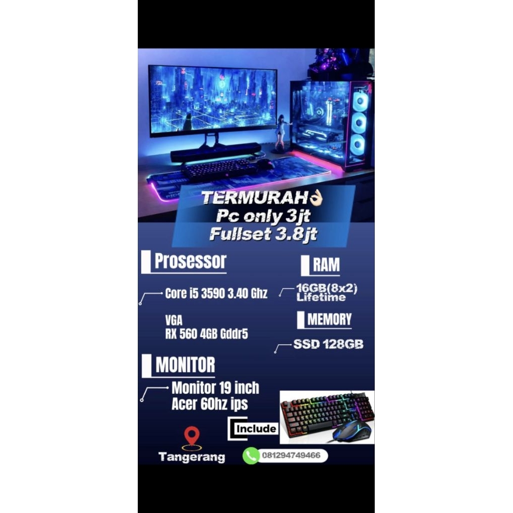 TERMURAH PC Fullset Pc Rakitan Editing Pc Murah core i5 3590 3.40Ghz Ram 16GB Rx 560 4GB Gddr5 no rx