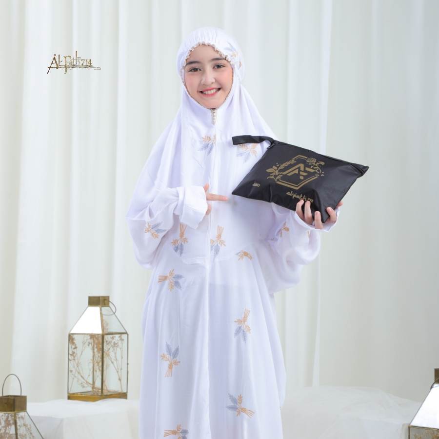 ALFATH714 - Mukena Terusan Anak Remaja Tanggung Bordir Bunga Pita Mukenah Lajuran Santri