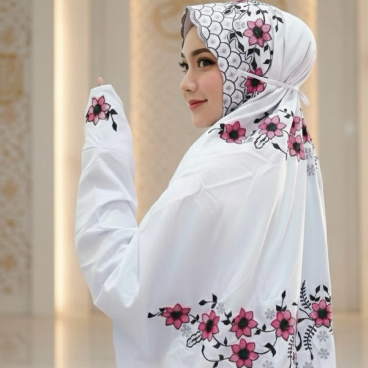 Mukena Terusan Dewasa Putih Premium 2026 | Telekung Lajur Santri Jumbo Katun Polino Mikro Adem | Ruk