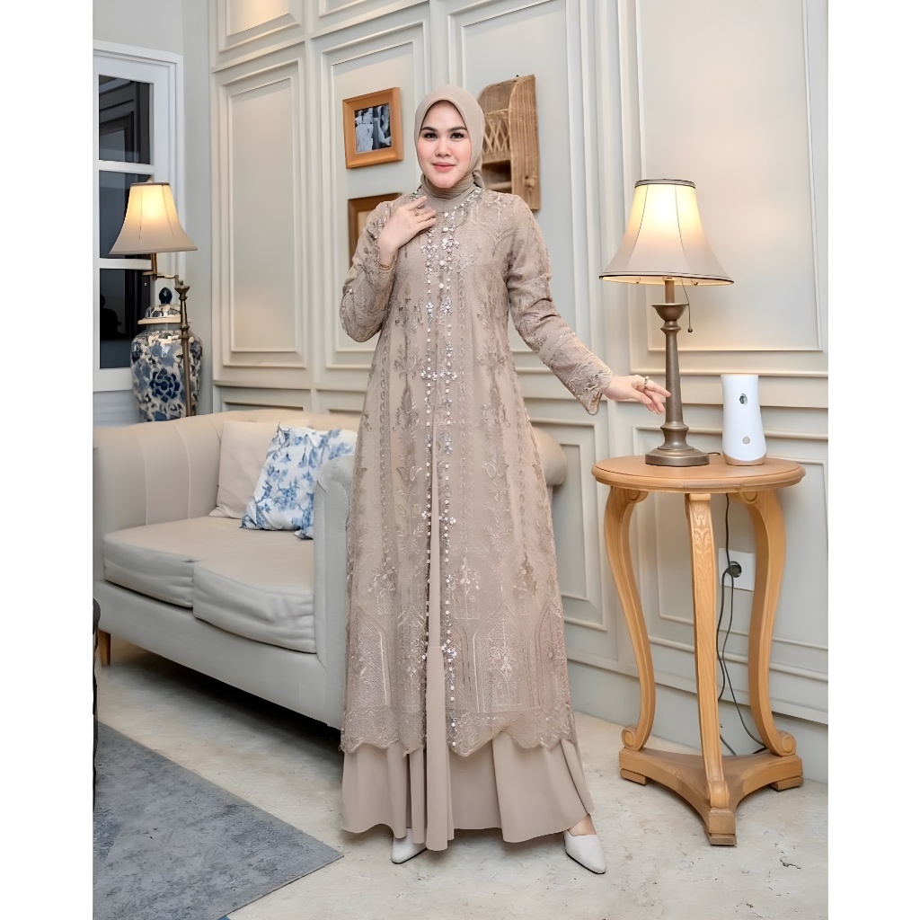 Gamis mewah untuk pesta model terbaru Safira Dress + outher brukat Bahan ceruty mix brukat