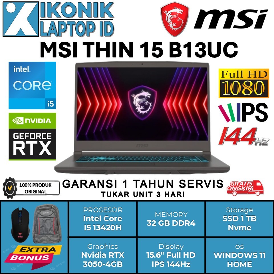 Laptop Gaming Murah MSI THIN 15 B13UC Intel i5 13420H RTX3050-4GB Ram 32GB 1TB Ssd 15.6 Full HD IPS