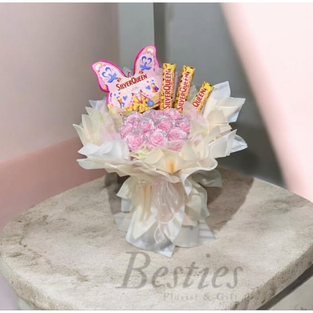 Round buket bunga satin glitter free custom / buket bunga wisuda / buket bunga artificial / buket bo