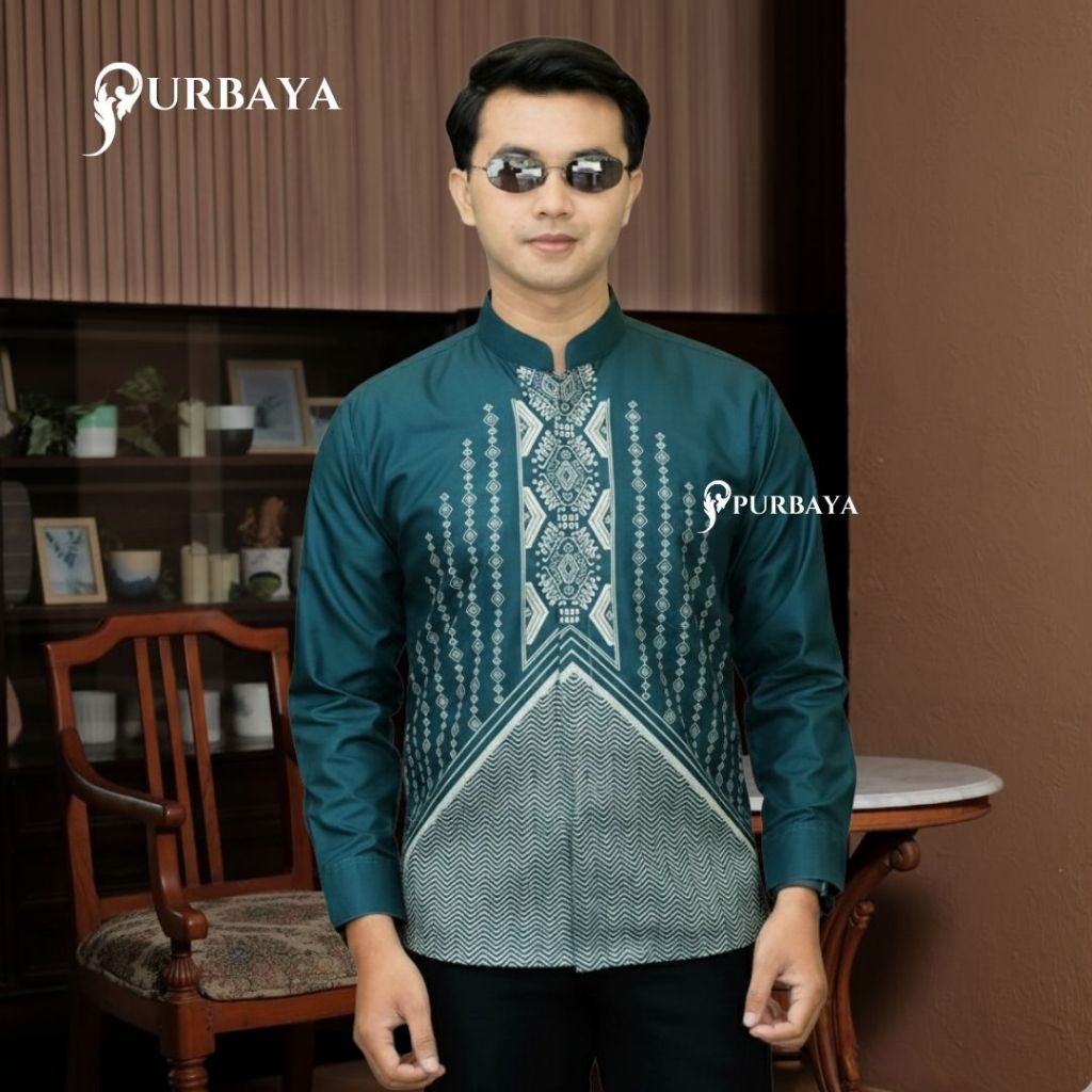 PURBAYA BATIK Baju Koko Kemeja Batik Pria Liontin Emerald Hijau Shanghai Slimfit