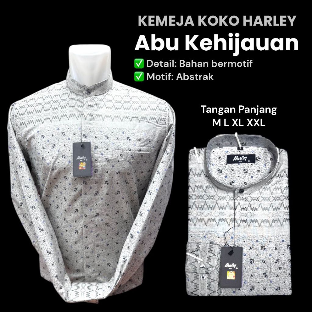 kemeja Koko kemko Harley original terbaru lengan panjang warna Abu kehijauan baju muslim terbaru