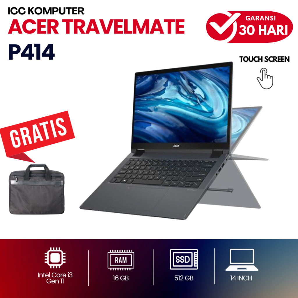 Laptop 2in1 Acer Travelmate P414 Core i3 Gen 11 Ram 8GB SSD 512GB - Second Berkualitas