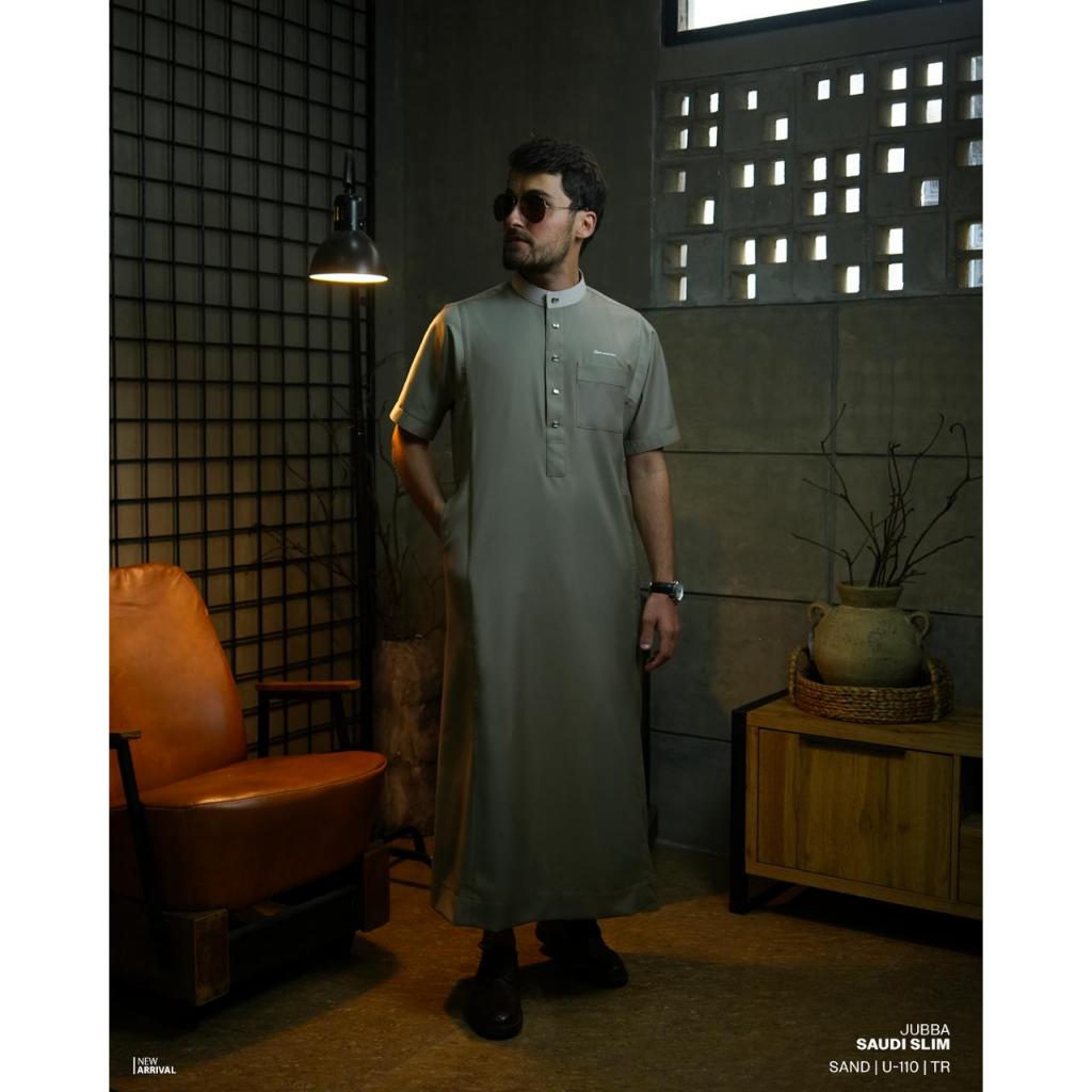 SAMASE Jubba Saudi Slim U110 Lengan Pendek Jubah Ghamis Pria Muslim Dewasa Terbaru Samase Official