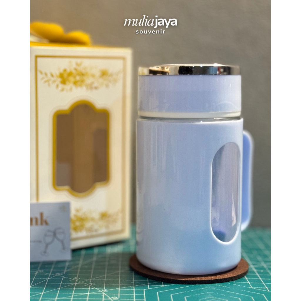 SOUVENIR GELAS JAR BIRU KACA KEMASAN BOX GOLD TALI WARNA RANDOM
