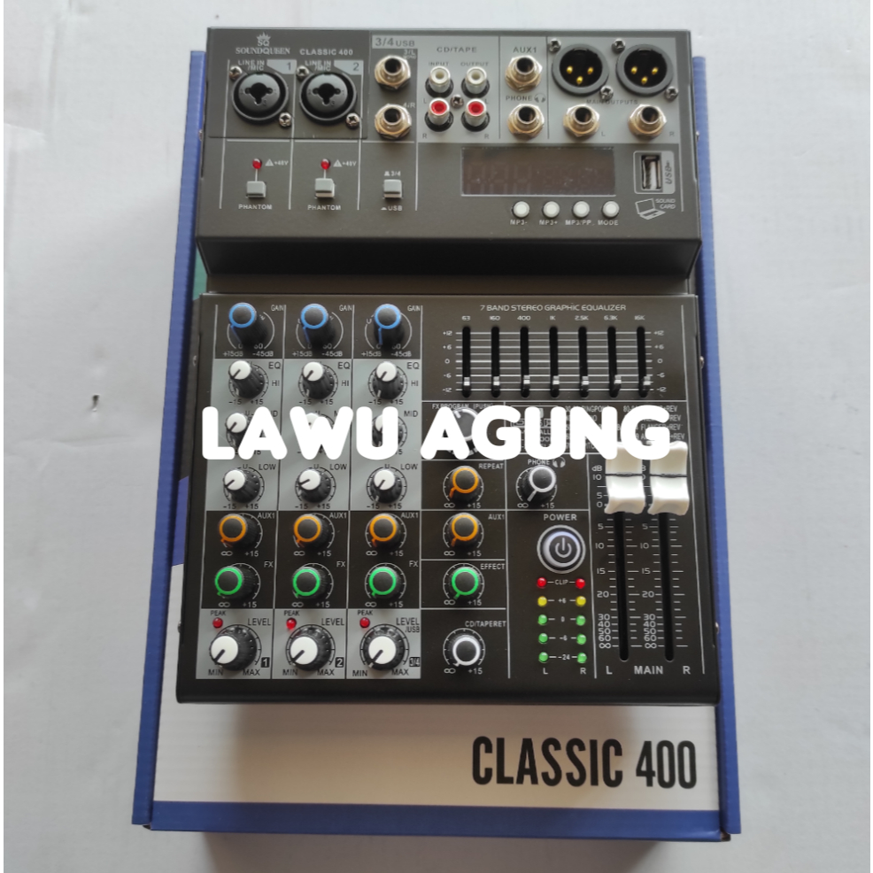 Mixer soundqueen classic 400 mixer 4 channel efek digital reverb 99 DSP USB BLUETOOTH PLAYER
