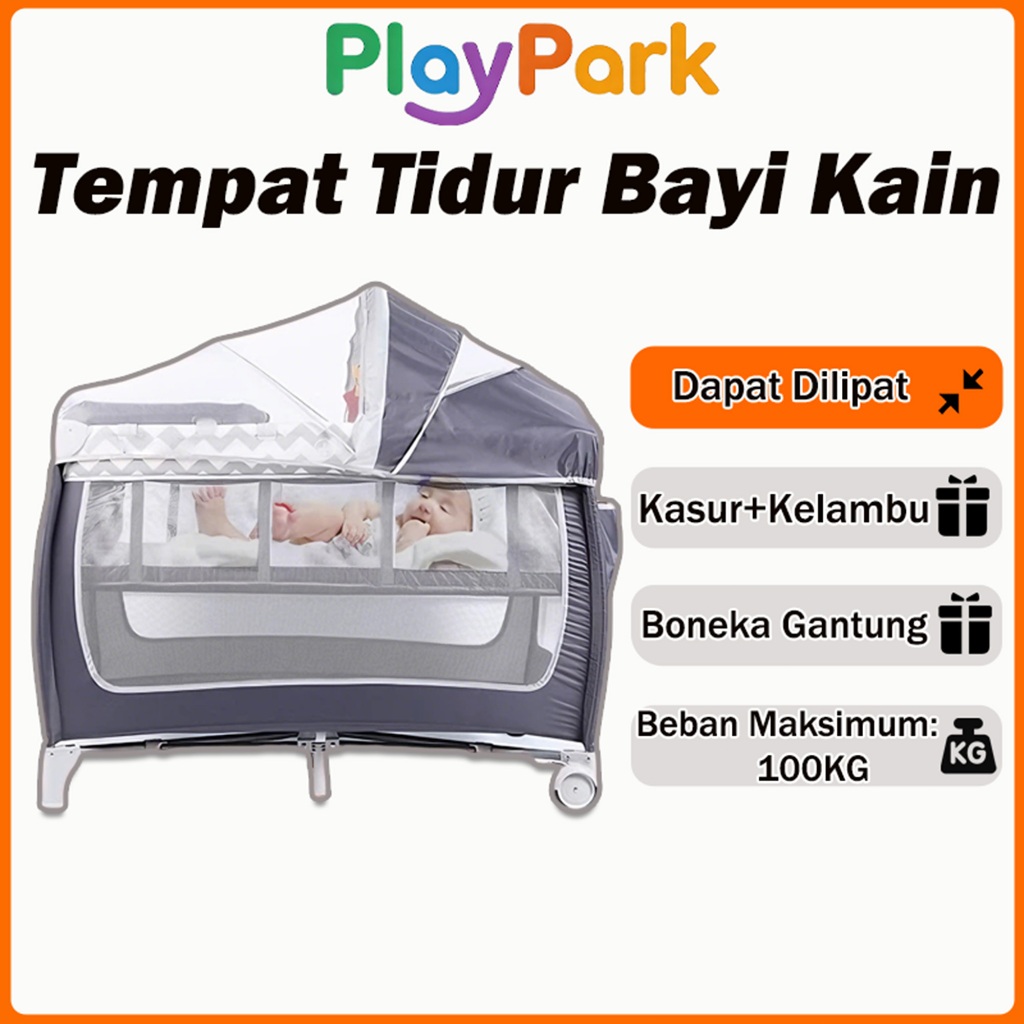 PlayPark Box Bayi Tempat Tidur Bayi 6in1 Bisa Dilipat, Portabel dengan Roda + Bonus Kelambu & Hadiah